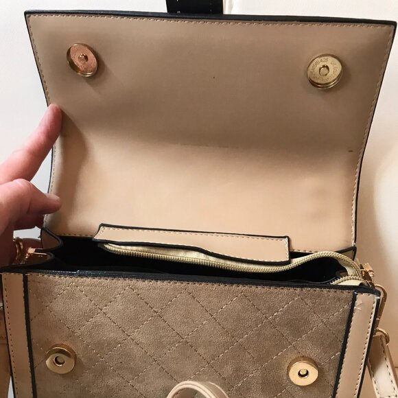 Beige Faux Suede and Faux Leather Crossbody Bag Purse Satchel with Top Handle - Picture 7 of 9